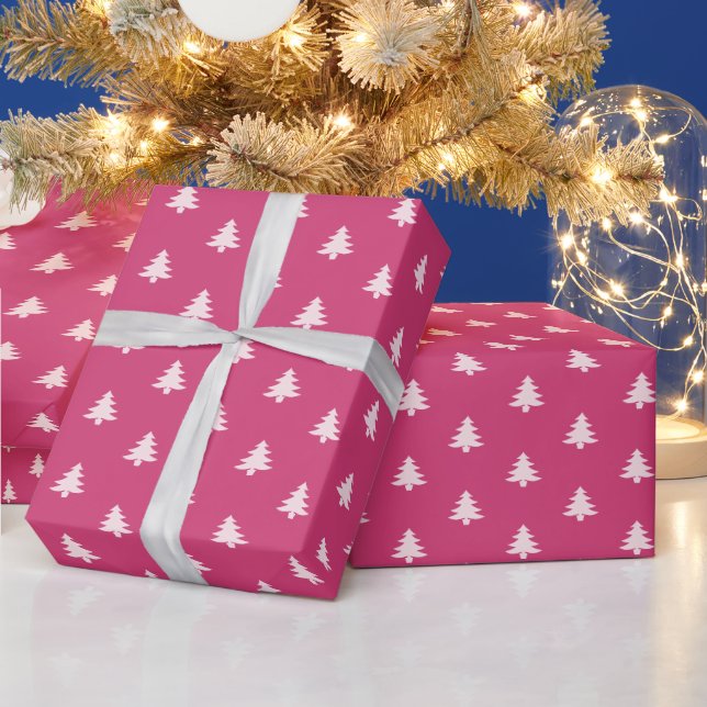 Cute Modern Girly Berry Pink Christmas Trees Wrapping Paper (Holidays)