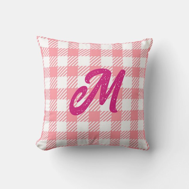 Cute Modern Girly Gingham Plaid Hot Pink Monogram Cushion (Front)