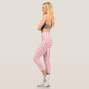 Cute Modern Girly White Pink Gingham Plaid Capri Leggings