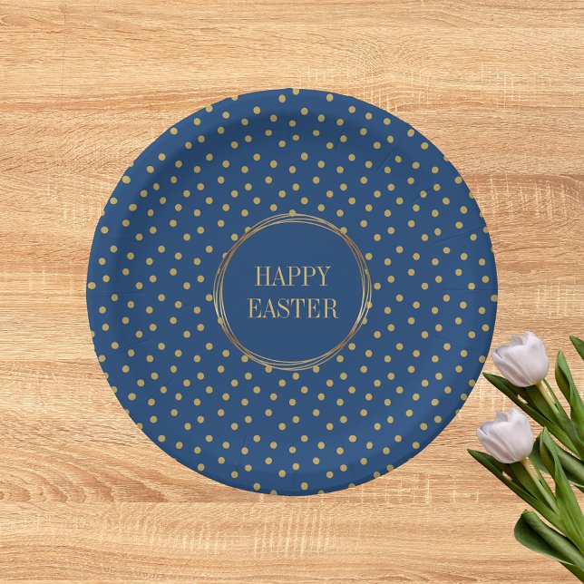 Cute Modern Gold Polka Dots Christian Happy Easter Paper Plate (Cute Modern Blue Gold Polka Dots Christian Happy Easter Paper Plates)