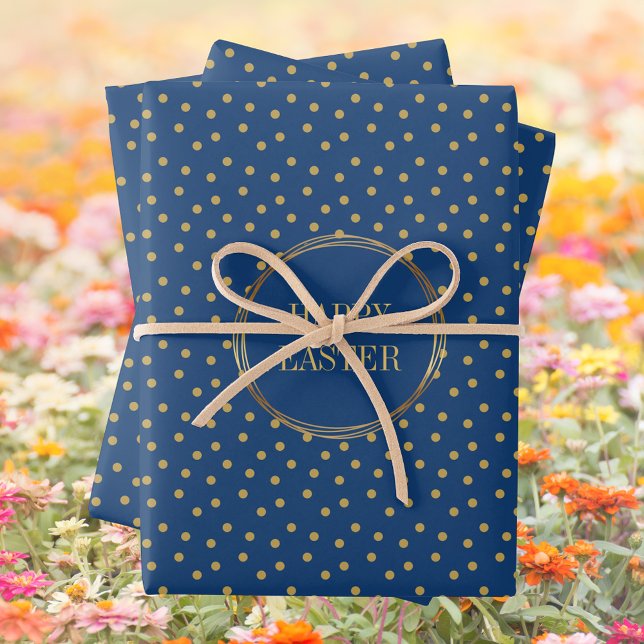 Cute Modern Gold Polka Dots Christian Happy Easter Wrapping Paper Sheet (Cute Modern Blue Gold Polka Dots Christian Happy Easter Wrapping Paper Sheets)
