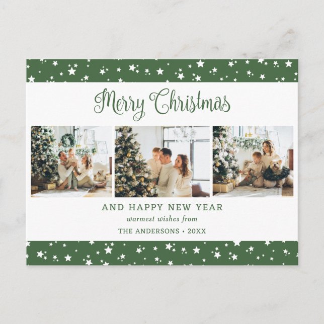 Cute Modern Green 3 Photo Collage Stars Holiday Postcard (Front)