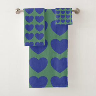 Cute Modern Green and Blue Heart Pattern Bath Towel Set
