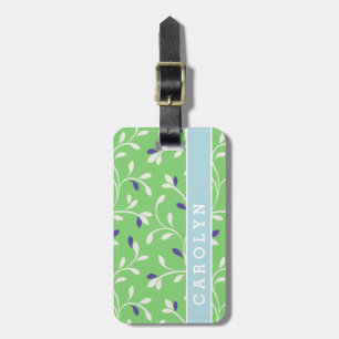 Cute modern green curly leaves pattern monogram luggage tag