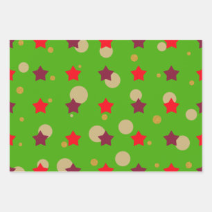 Cute Modern Green Red Stars Christmas Gift Wrapping Paper Sheet