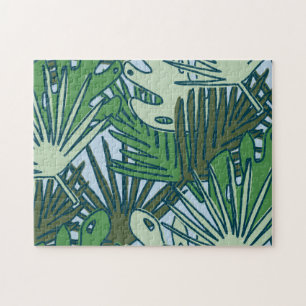 Cute Modern Green Tropical Leaves Pattern Jigsaw Puzzle