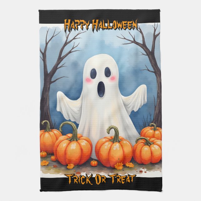 Cute Modern Halloween Spooky Collection Tea Towel (Vertical)