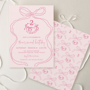 Cute Modern Hand Drawn Bow Pink Girl 2nd Birthday Invitation