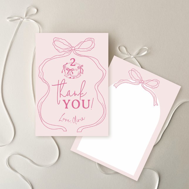 Cute Modern Hand Drawn Bow Pink Girl Birthday Thank You Card (Cute modern hand drawn pink whimsical girly girl coquette bow cake birthday party thank you card)