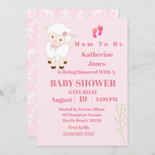 Cute Modern Lamb Baby Girl Invitation