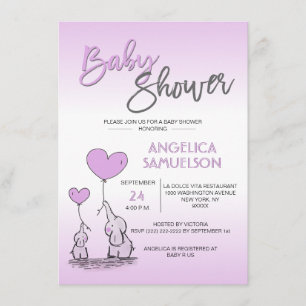 Cute Modern LAVENDER Mummy Elephant & Baby Shower Invitation