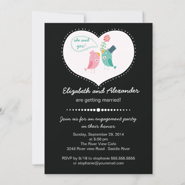 Cute Modern Love Birds Heart Engagement Party Invitation (Front)