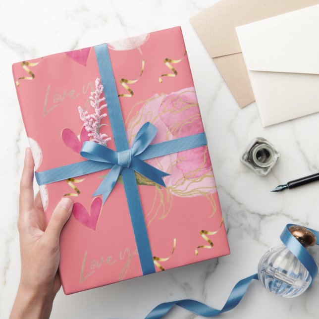 Cute Modern Love You Floral Hearts Salmon Pink Wrapping Paper (Gifting)