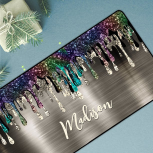 Cute modern Metalic Glitter Drips monogram Desk Mat