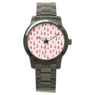 Cute Modern Minimalist Christmas Tree Forest Red Watch