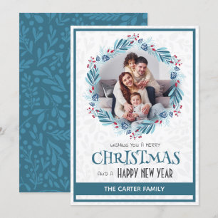 Cute Modern Mistletoe Blue Christmas Wreath Photo Holiday Card