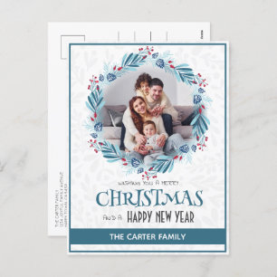 Cute Modern Mistletoe Blue Christmas Wreath Photo Holiday Postcard