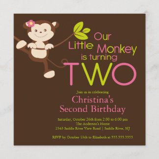 Cute Modern Monkey 2nd Birthday Party Invitations