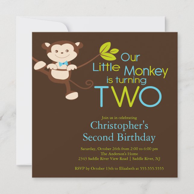 Cute Modern Monkey 2nd Birthday Party Invitations (Front)