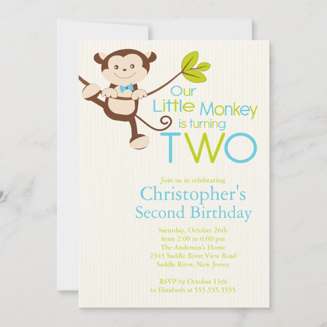 Cute Modern Monkey 2nd Birthday Party Invitations (Front)