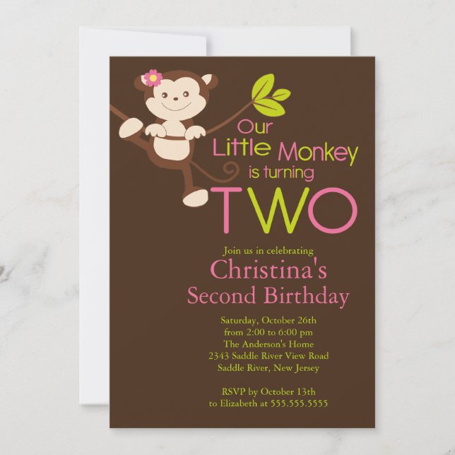 Cute Modern Monkey 2nd Birthday Party Invitations (Front)