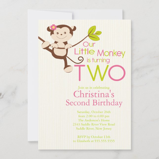Cute Modern Monkey 2nd Birthday Party Invitations (Front)