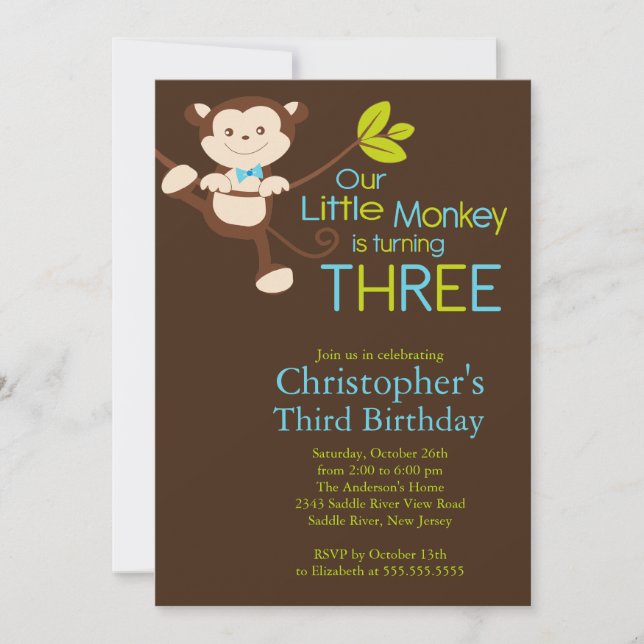 Cute Modern Monkey 3rd Birthday Party Invitations (Front)