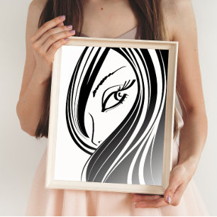 Cute Modern Monochrome Woman Face Lineart  Drawing Poster