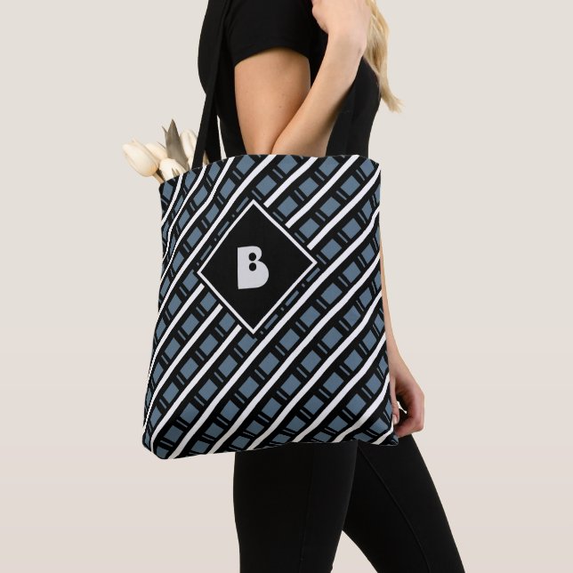 Cute Modern Monogram Initial Pattern Black Blue Tote Bag (Close Up)