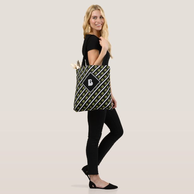 Cute Modern Monogram Initial Pattern Black Green Tote Bag (On Model)