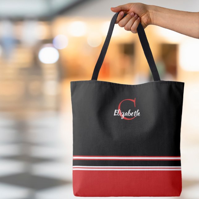 Cute Modern Monogram Name Initial Black Red Tote Bag (Creator Uploaded)