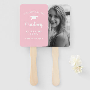 Cute Modern Mortar Board Photo Pink Graduation Hand Fan