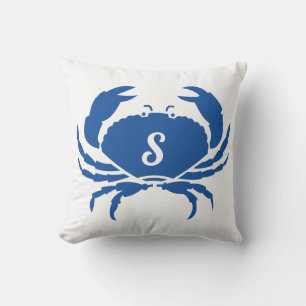 Cute Modern Nautical  Blue Crab Monogrammed Cushion