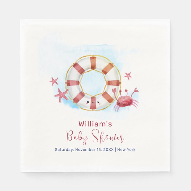 Cute Modern Nautical Crab Starfish Baby Shower  Napkin (Front)