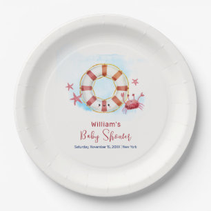 Cute Modern Nautical Crab Starfish Baby Shower Paper Plate