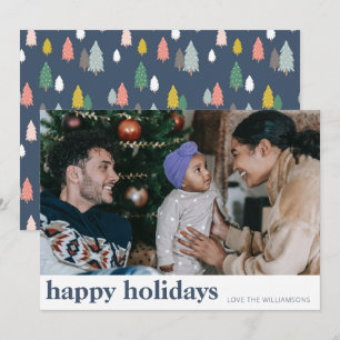 Cute Modern Navy Blue Christmas Trees Wide Photo Holiday Card