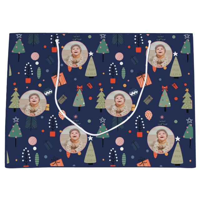 Cute Modern Navy blue Funny Christmas Photo Large Gift Bag (Front)