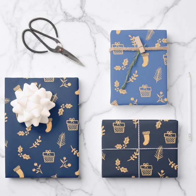 Cute Modern Navy Blue Gold Christmas Holiday Wrapping Paper Sheet (Front)