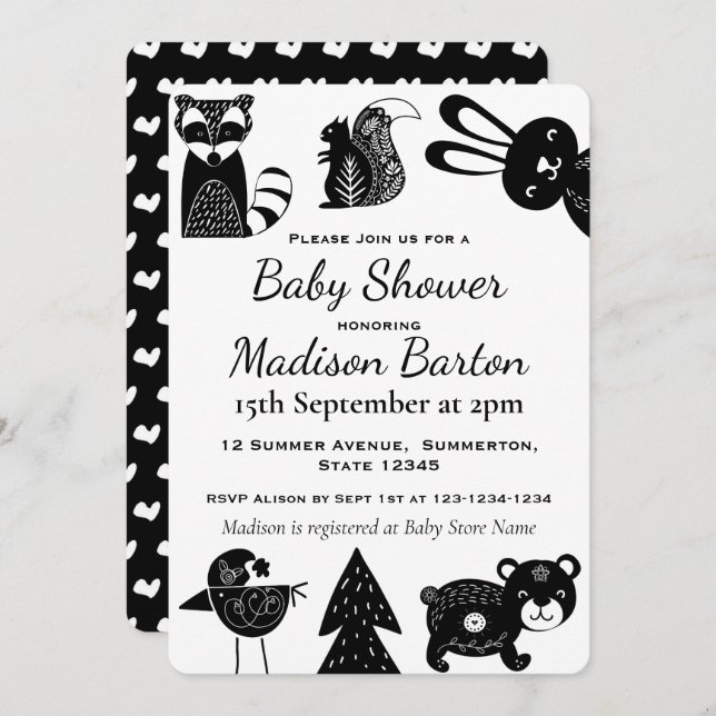 Cute Modern Nordic Woodland Animals Baby Shower Invitation (Front/Back)