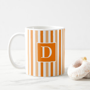 Cute Modern Orange and White Striped Initial Coffee Mug