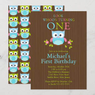 Cute Modern Owl 1st Birthday Party Invitations