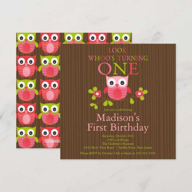 Cute Modern Owl 1st Birthday Party Invitations (Front/Back)