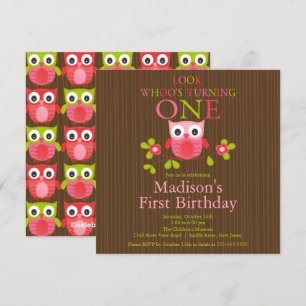 Cute Modern Owl 1st Birthday Party Invitations