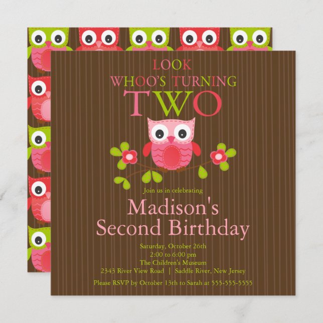 Cute Modern Owl 2nd Birthday Party Invitations (Front/Back)