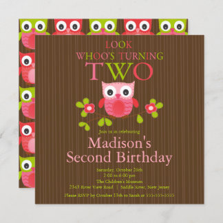 Cute Modern Owl 2nd Birthday Party Invitations