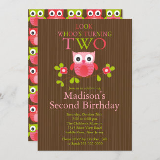 Cute Modern Owl 2nd Birthday Party Invitations