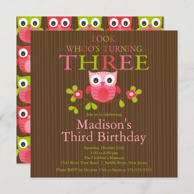Cute Modern Owl 3rd Birthday Party Invitations (Front/Back)