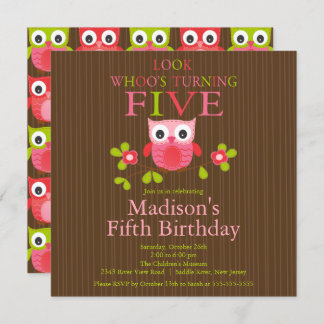 Cute Modern Owl 5th Birthday Party Invitations
