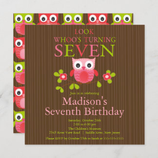 Cute Modern Owl 7th Birthday Party Invitations