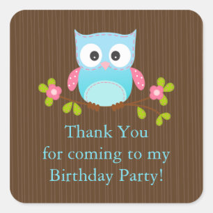 Cute Modern Owl Birthday Party Square Sticker